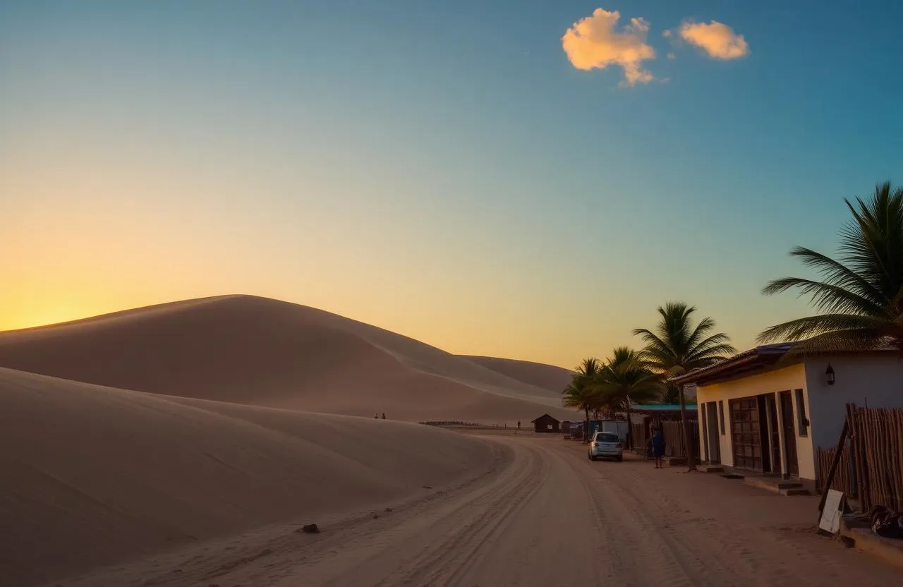 Sandy street and dunes in the village of Jericoacoara at sunset