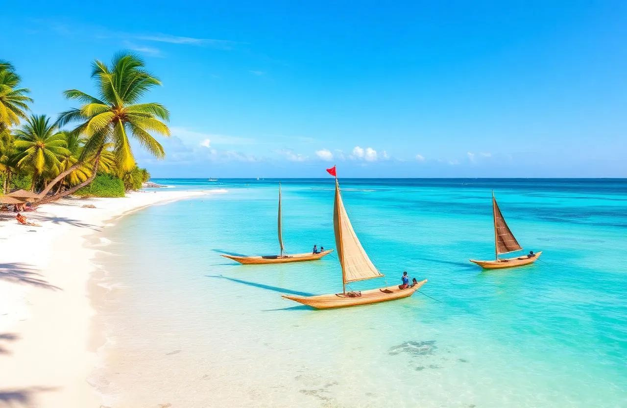 Turquoise sea and jangada rafts off a Maceió beach