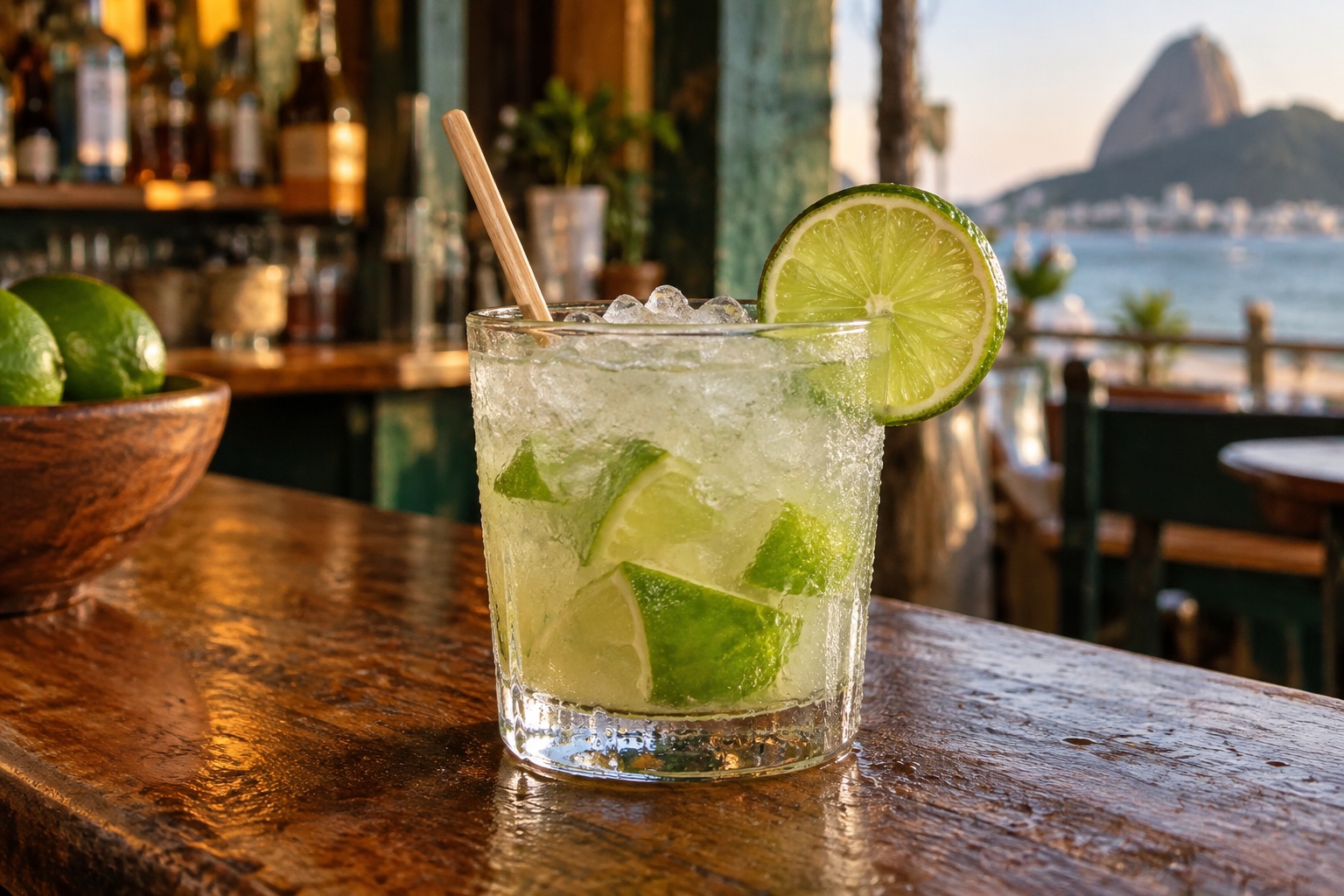 Finished classic lime caipirinha with cachaça, ice and fresh lime in a Rio boteco