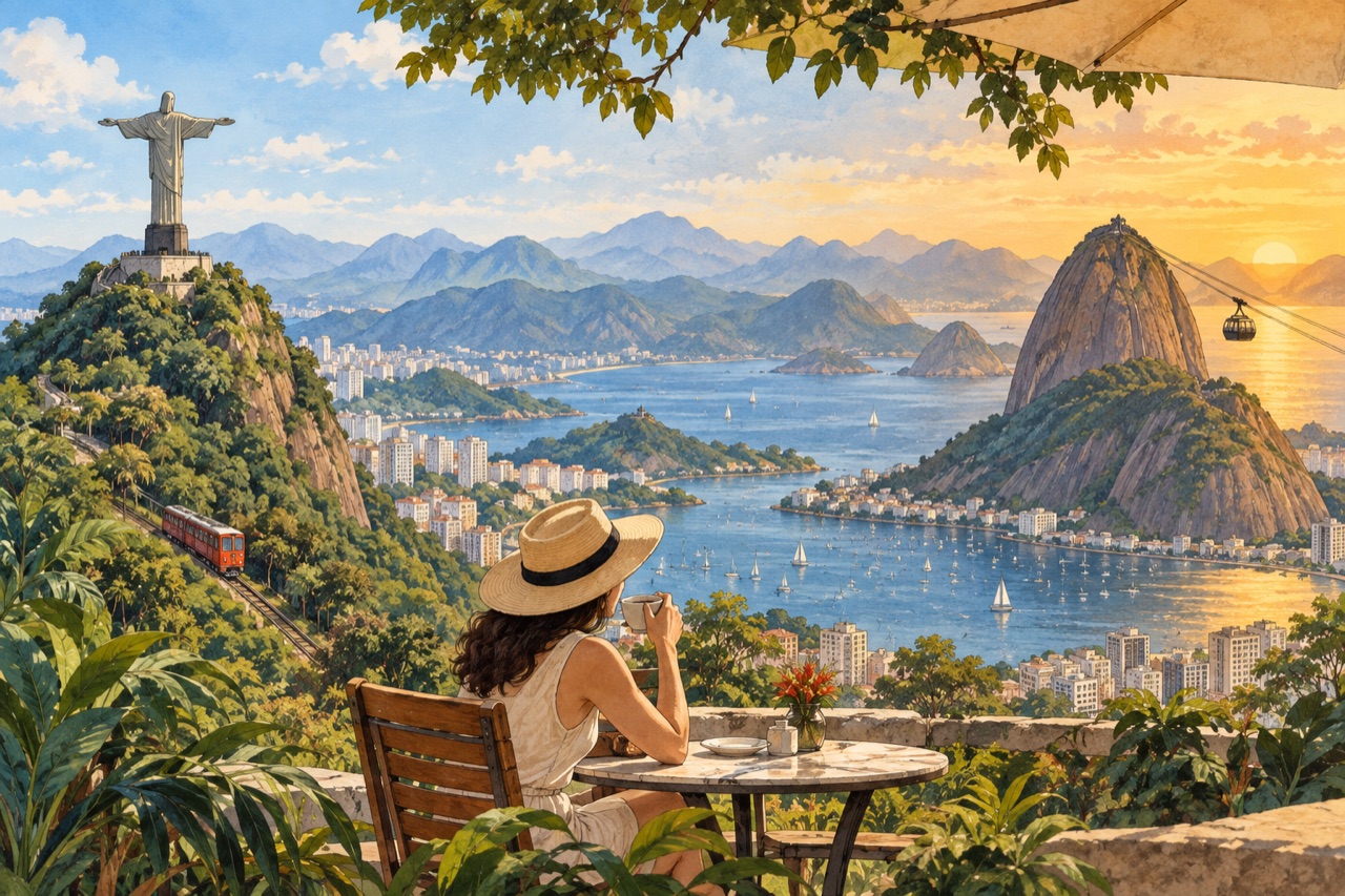 Original illustration of a Rio sightseeing day, from Christ the Redeemer and the Corcovado train through a shaded lunch break to Sugarloaf and its cable car in late light