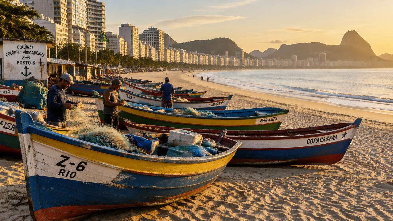 Painted wooden fishing boats on the sand at Posto 6, Copacabana, with the beachfront towers behind at sunrise