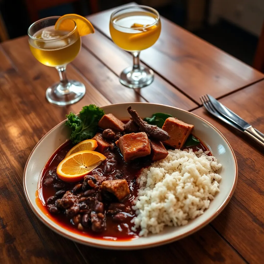 Classic Brazilian feijoada plate with rice, farofa and caipirinha in a Rio botequim