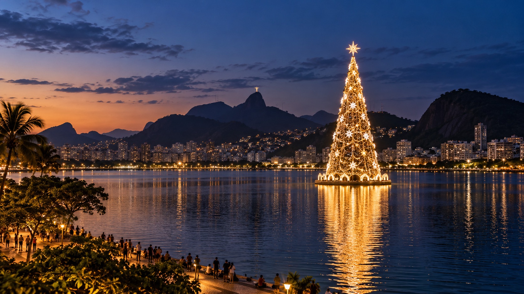 AI-generated editorial illustration of a lit Christmas tree on Lagoa Rodrigo de Freitas with Corcovado behind it at dusk