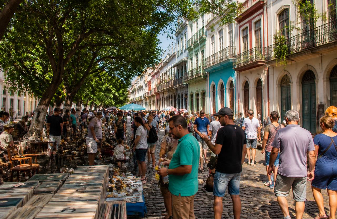 Antique stalls and colonial townhouses on Rua do Lavradio during the Feira do Rio Antigo street market in Lapa, Rio de Janeiro
