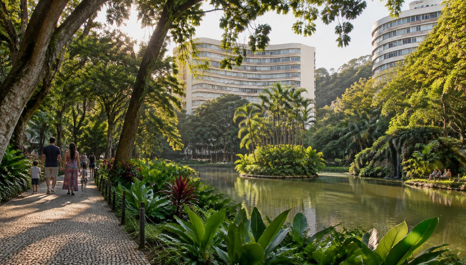 Parque Guinle lake, tropical gardens and curved modernist buildings in Laranjeiras, Rio de Janeiro