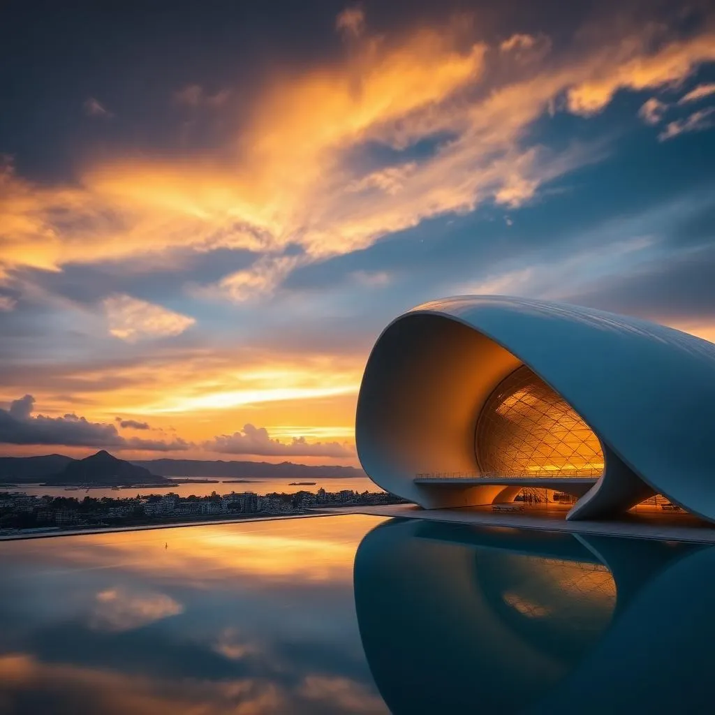 Museu do Amanhã by Santiago Calatrava at sunset with reflecting pools and Guanabara Bay