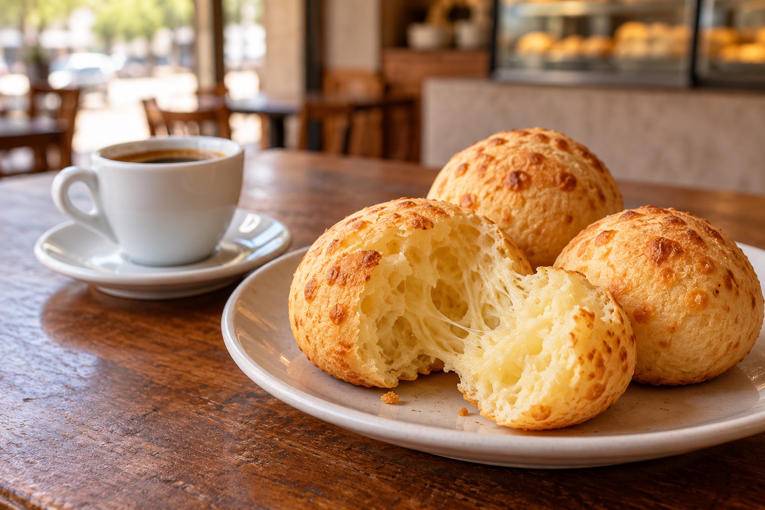 Freshly baked pão de queijo served with coffee on a Rio bakery table