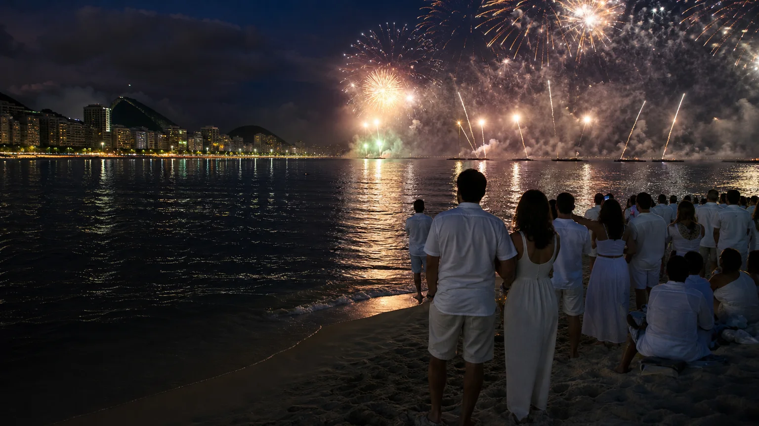 Réveillon fireworks over Copacabana Beach in Rio de Janeiro