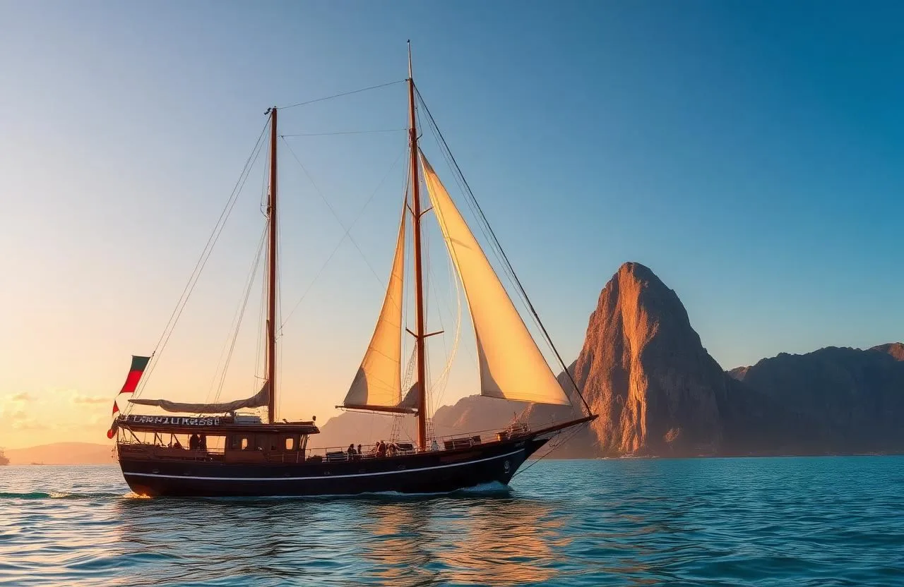 Traditional schooner sailing in Guanabara Bay at golden hour with Sugarloaf Mountain in the background, Rio de Janeiro