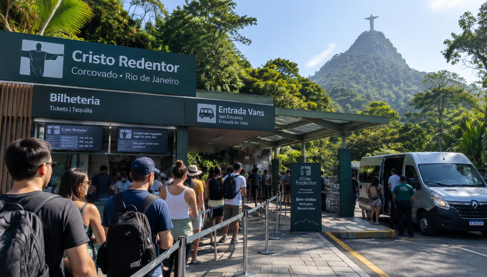Visitors queuing at the Corcovado ticket office and van entrance for Christ the Redeemer in Rio de Janeiro