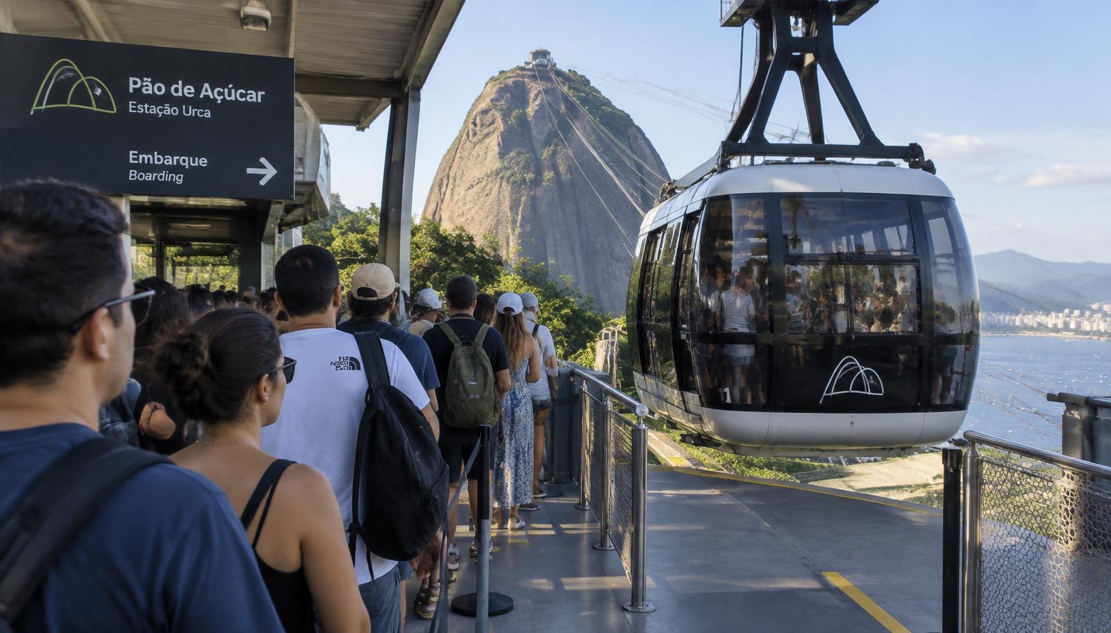 Visitors boarding the Sugarloaf Mountain cable car at the Urca station in Rio de Janeiro
