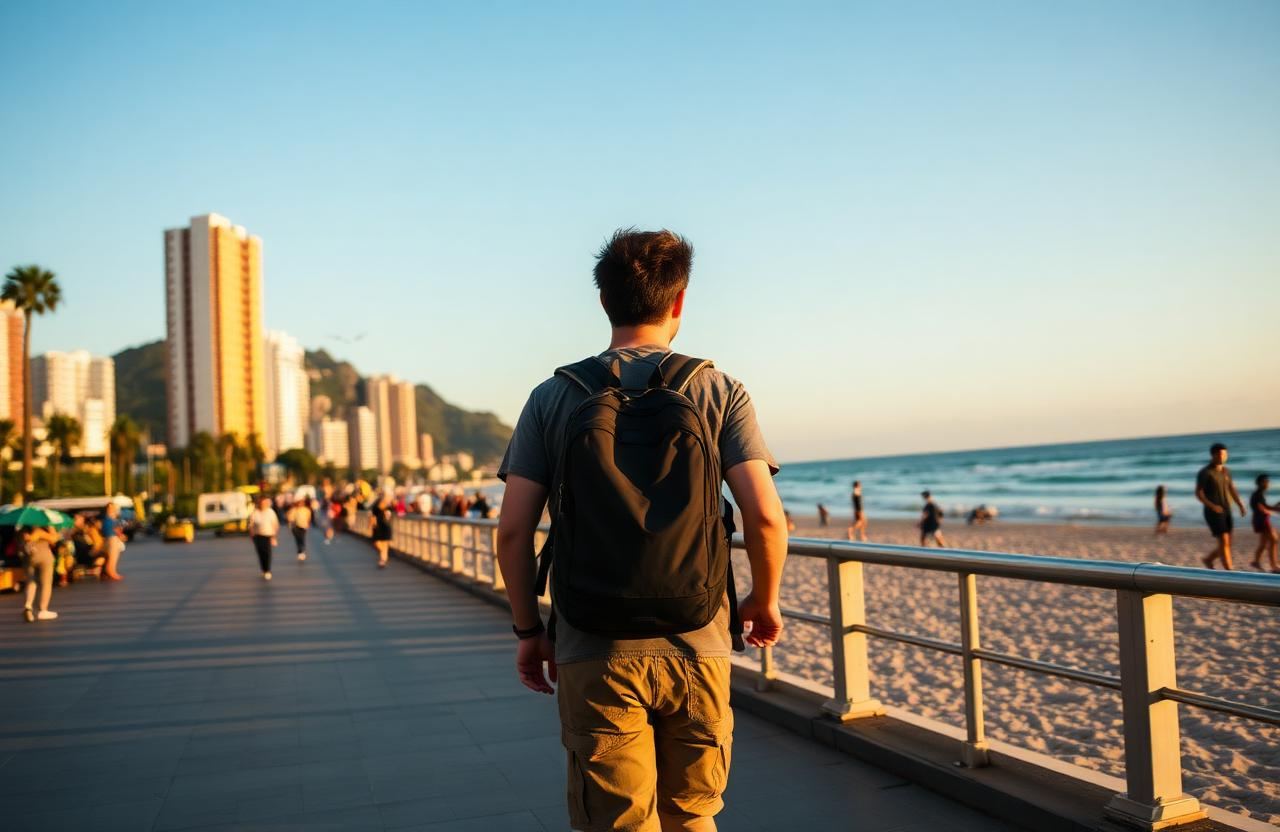 Backpacker walking on Copacabana beach promenade in Rio de Janeiro at golden hour