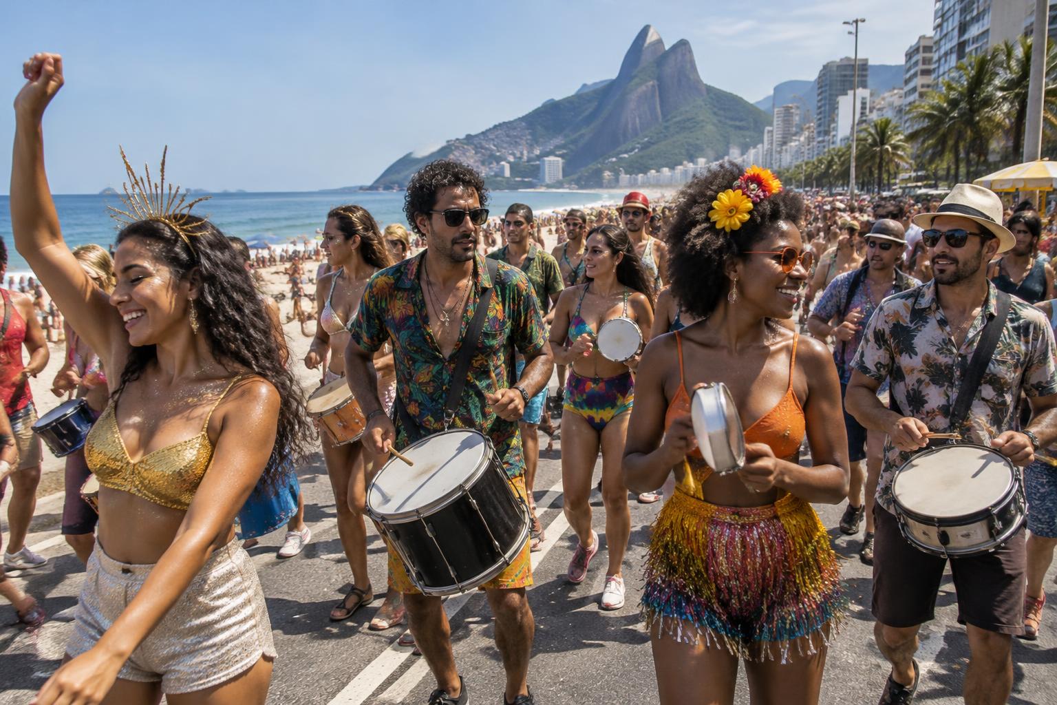 Illustrative beachside Rio bloco scene with costumed adults and percussion musicians beside the ocean