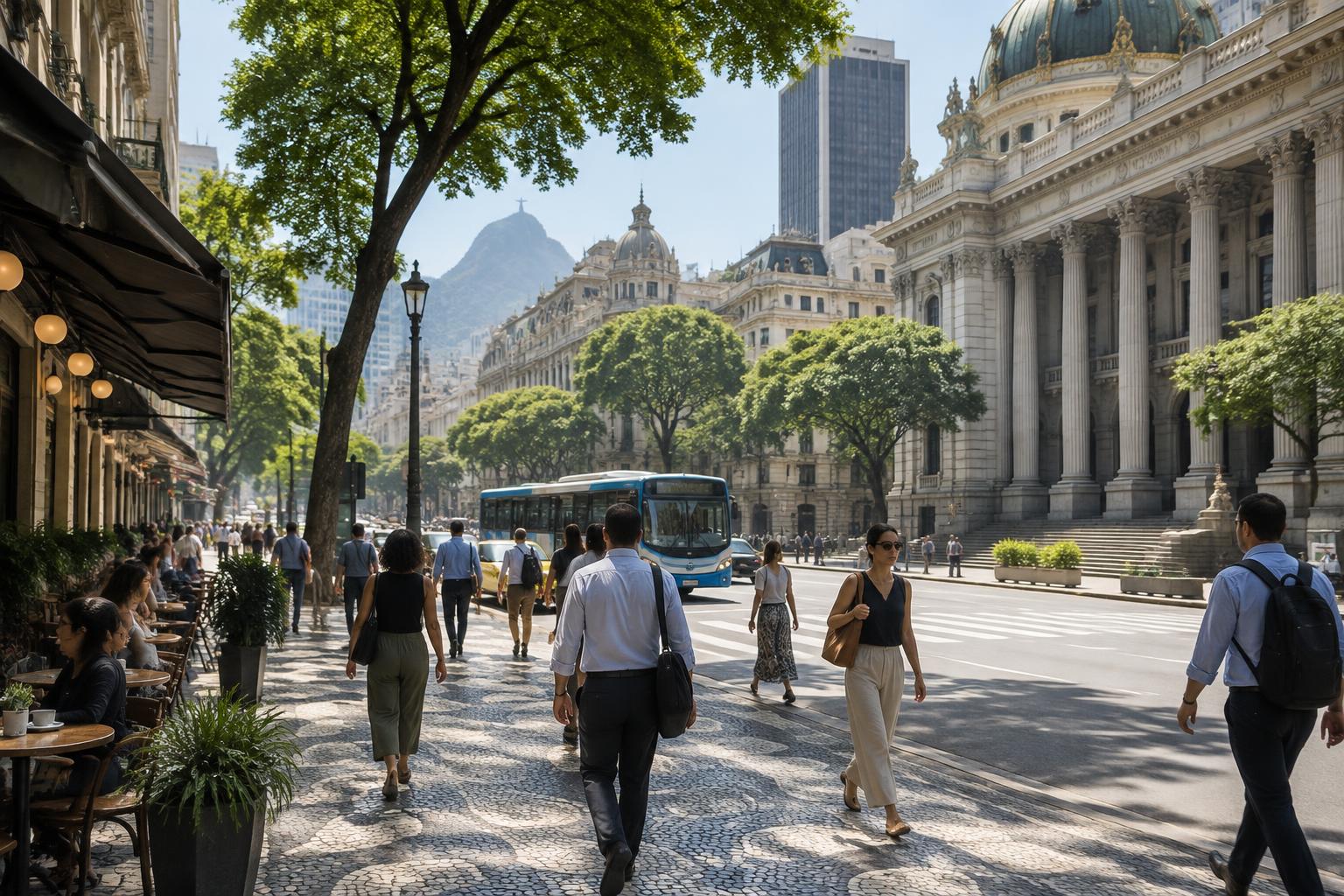 Editorial illustration of pedestrians, a city bus and historic civic buildings on a leafy central Rio street