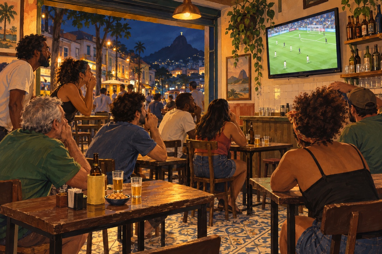 Original illustration of Rio supporters watching a football match together in a neighbourhood boteco