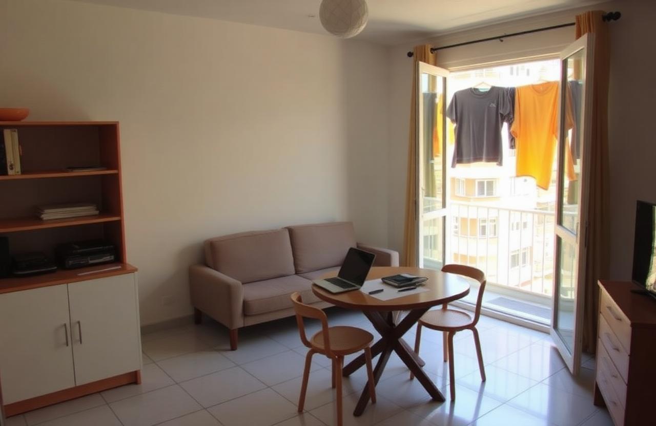 Furnished one-bedroom apartment interior in Rio de Janeiro with balcony, laundry drying and a laptop on the table