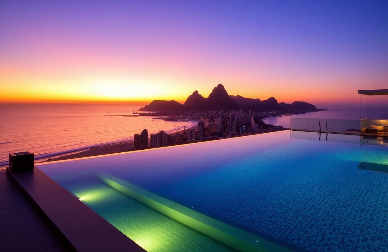 Luxury infinity pool at sunset overlooking Rio de Janeiro coastline and Dois Irmãos mountain