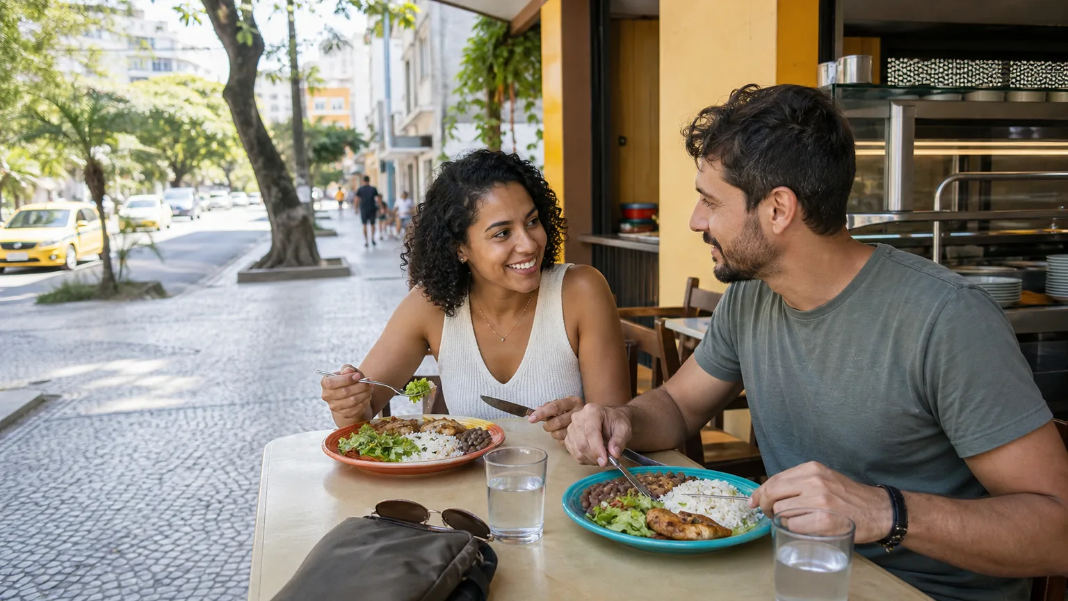 Two travellers sharing a simple rice, beans and salad lunch at a neighbourhood Rio cafe