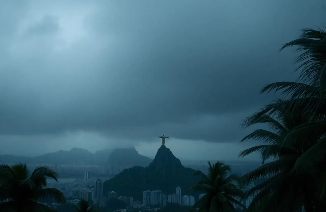 Rain clouds and sunlight over Rio de Janeiro's mountains