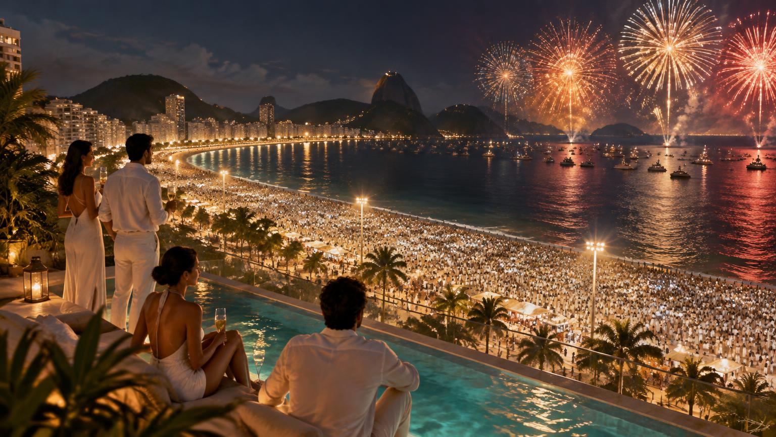 Illustrative scene of guests in white on a Copacabana hotel rooftop pool terrace watching fireworks over the crowded beach