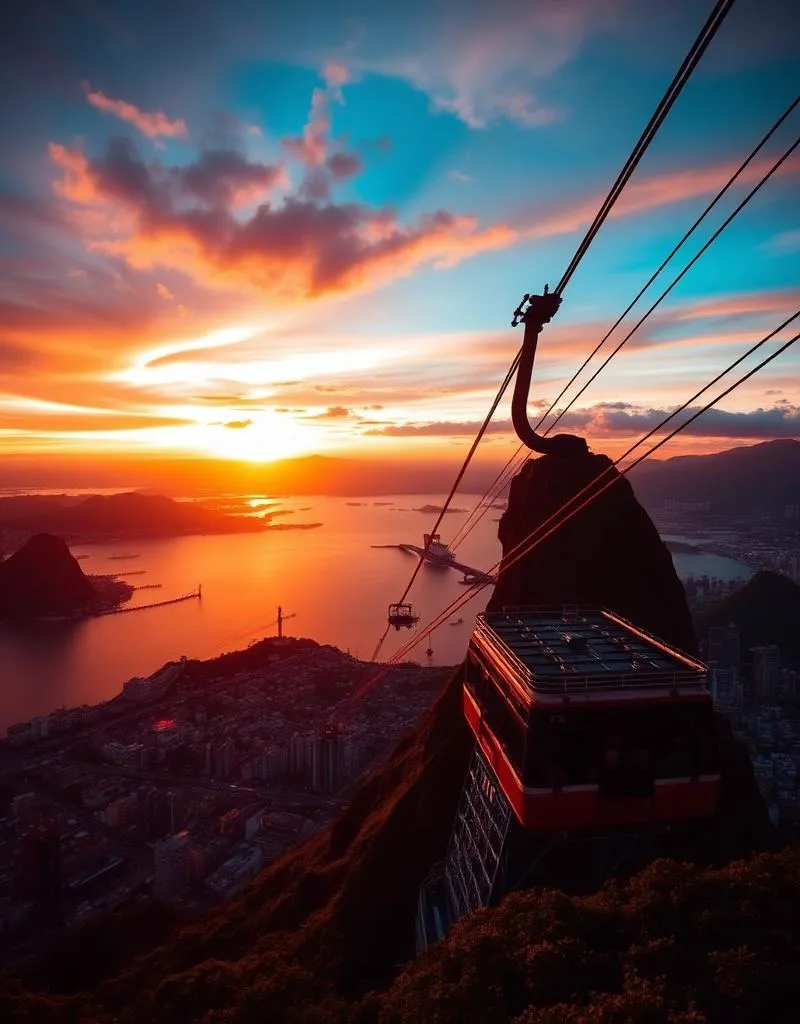 Sugarloaf Mountain Pão de Açúcar cable car at sunset above Botafogo Bay, Rio de Janeiro