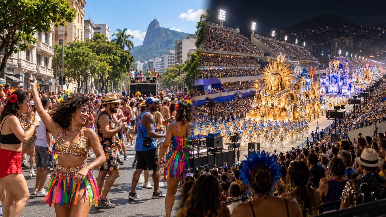 Daytime Rio street bloco beside a samba-school parade at the Sambadrome at night