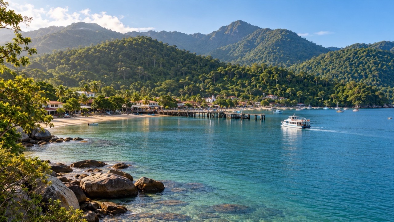 Illustrative AI-generated view of Vila do Abraão's shoreline, pier, passenger boat and Atlantic Forest on Ilha Grande