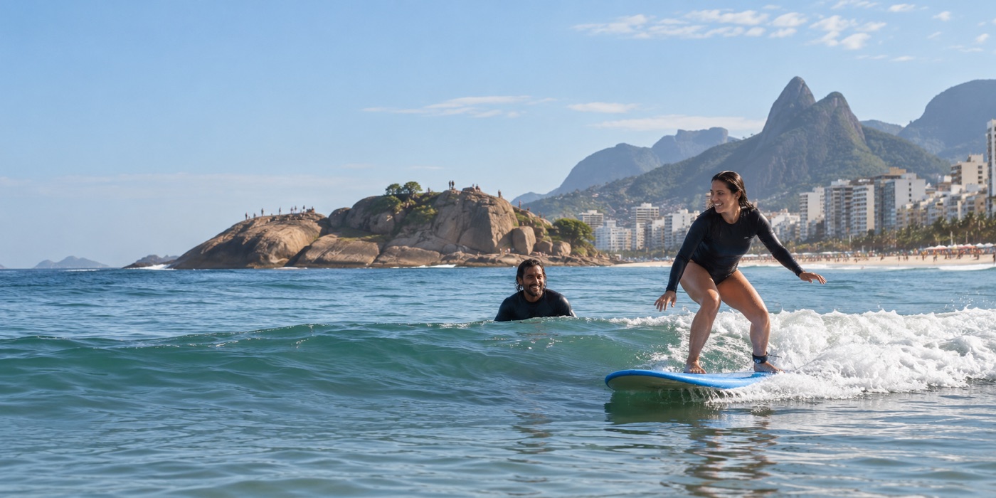 A beginner surfer rides a small wave near Arpoador with an instructor close by and Ipanema in the background